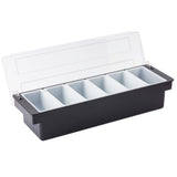 A black rectangular TableCraft bar condiment holder with five white compartments and a clear hinged lid. The organizer is empty and designed for storing bar or kitchen ingredients, with the lid open to reveal all compartments.