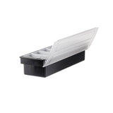 A rectangular black plastic bar condiment holder by TableCraft with a white hinged lid that is partially open. Inside, the box features divided compartments with 6 pint inserts. The plain white background highlights the box’s details.