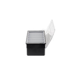 A TableCraft black plastic bar condiment holder with six pint inserts features a transparent hinged lid, slightly open. The box sits on a plain white background, viewed from the side to reveal its six compartments inside.