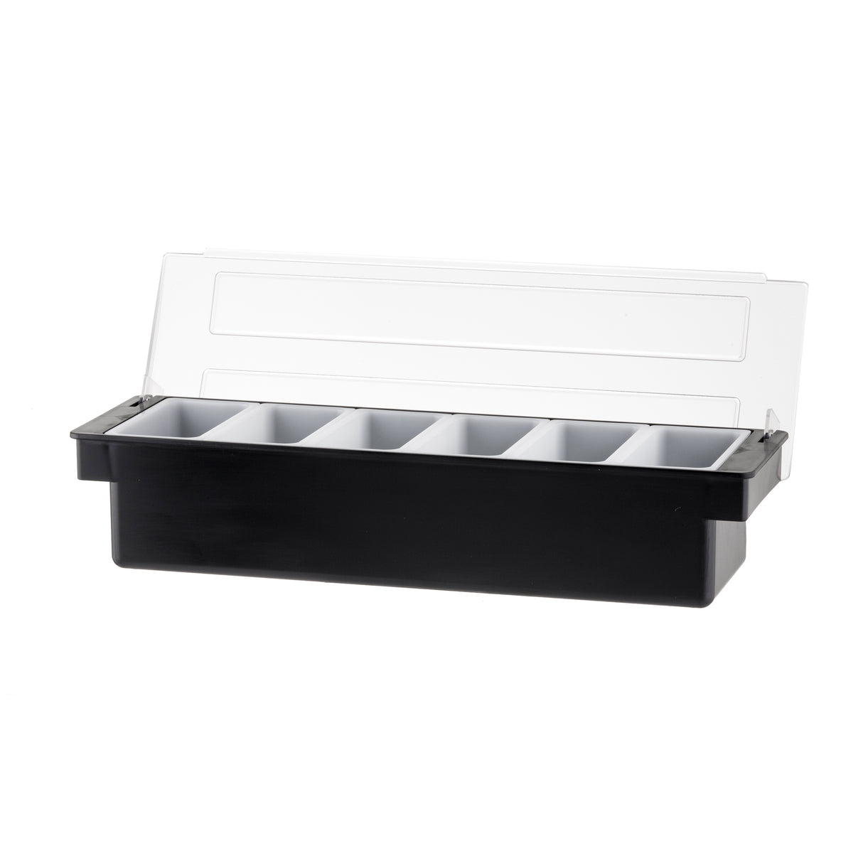 A black rectangular bar condiment holder with five compartments and a transparent hinged lid, perfect for organizing garnishes or condiments. Shown against a white background, this TableCraft organizer does not include 6 pint inserts.