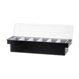 A black rectangular bar condiment holder with five compartments and a transparent hinged lid, perfect for organizing garnishes or condiments. Shown against a white background, this TableCraft organizer does not include 6 pint inserts.