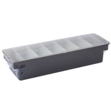 A rectangular black TableCraft bar condiment holder, covered in clear shrink wrap, with a translucent lid on top. The container appears new and unused, featuring 6 pint inserts and a lid that fits securely, slightly overhanging the edges.