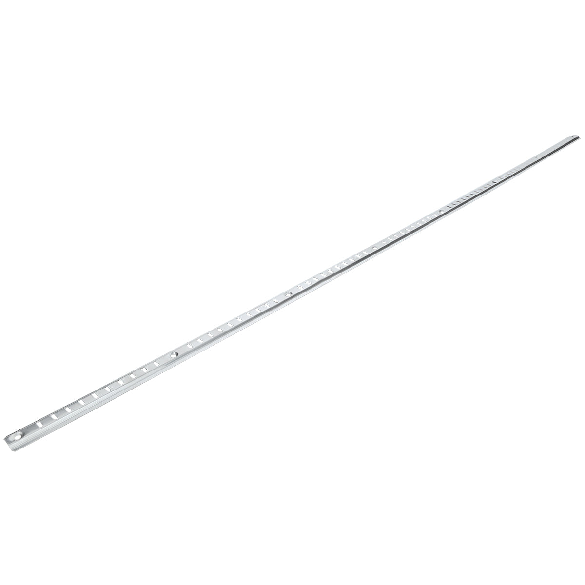 A long, slender silver metal strip, known as a shelf pilaster, with regularly spaced square holes and a larger round hole near one end, isolated on a white background—compatible with Empura Refrigeration and Empura Parts. The strip is angled diagonally.