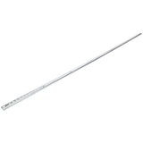 A long, slender silver metal strip, known as a shelf pilaster, with regularly spaced square holes and a larger round hole near one end, isolated on a white background—compatible with Empura Refrigeration and Empura Parts. The strip is angled diagonally.