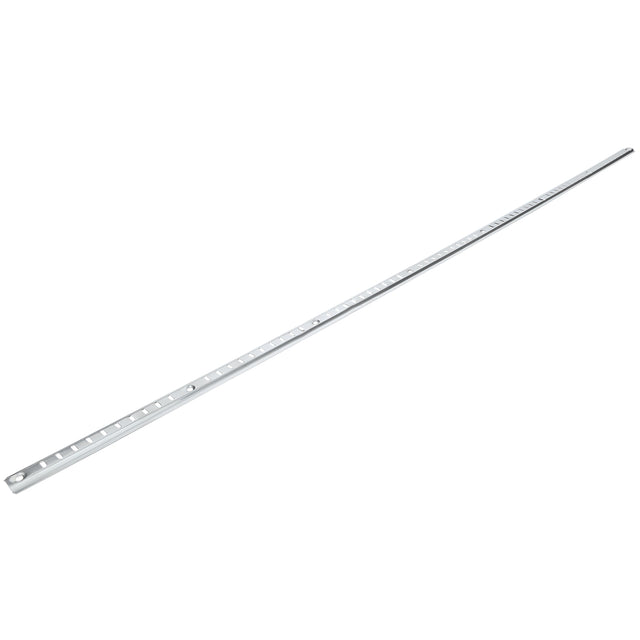 A long, slender silver metal strip, known as a shelf pilaster, with regularly spaced square holes and a larger round hole near one end, isolated on a white background—compatible with Empura Refrigeration and Empura Parts. The strip is angled diagonally.