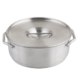 A round stainless steel pot with a matching flat stainless steel lid and side handles on both ends. The lid, like the TableCraft 10304 mini casserole lid, has a central, raised horizontal handle for easy lifting and sits against a white background.