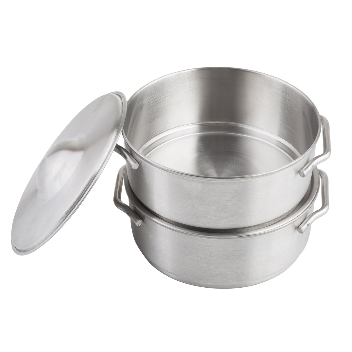 Two round, shallow stainless steel pans with matching handles are stacked together. A TableCraft 10304 mini casserole lid with a handle rests on the side. The pans feature a matte finish and smooth, plain surfaces, set against a white background.