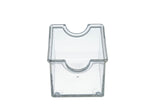 A clear, rectangular acrylic Sugar Packet Holder with an open top and a half-circle notch at the front, designed for easy access to contents. This TableCraft holder is empty and stands upright on a white background. Dishwasher safe for easy cleaning.