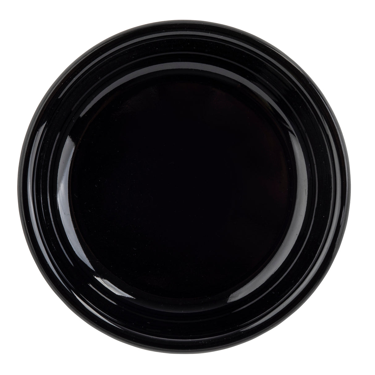 A round, glossy, black melamine mini plate seen from above on a white background. The plate is empty, with a smooth surface, slightly raised rim, and shiny finish that creates subtle reflections along the edges. Dishwasher safe.