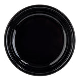A round, glossy, black melamine mini plate seen from above on a white background. The plate is empty, with a smooth surface, slightly raised rim, and shiny finish that creates subtle reflections along the edges. Dishwasher safe.