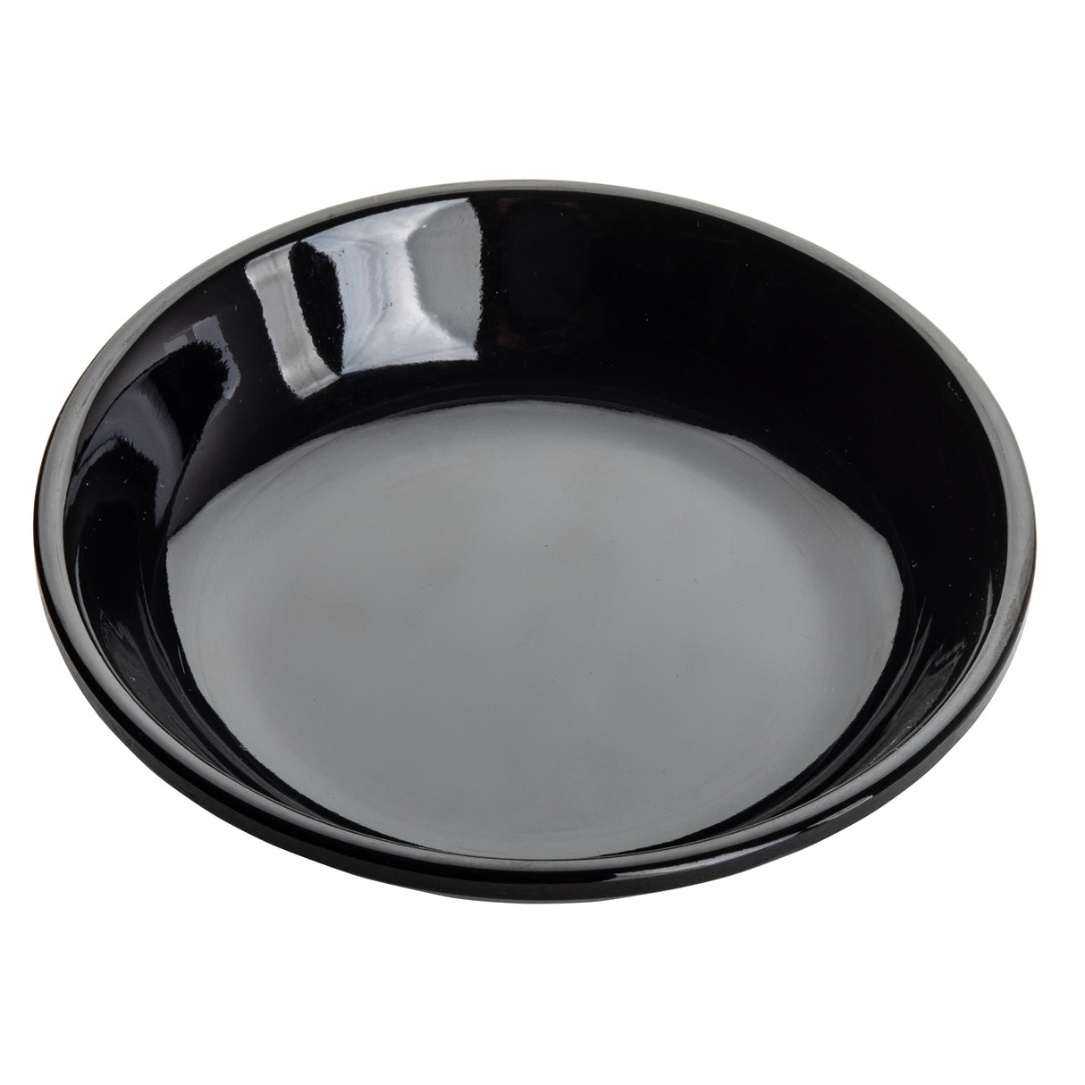 A round, glossy black mini plate with slightly raised edges is displayed on a white background. Its smooth, shiny surface reflects light with white highlights. The plate is empty and perfect as a dishwasher safe plate for modern tabletops.
