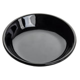 A round, glossy black mini plate with slightly raised edges is displayed on a white background. Its smooth, shiny surface reflects light with white highlights. The plate is empty and perfect as a dishwasher safe plate for modern tabletops.