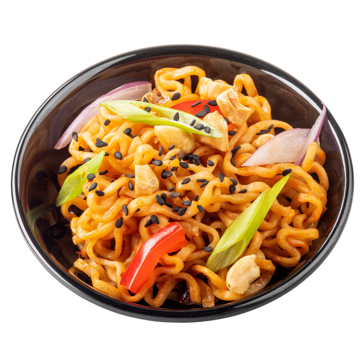 A black mini plate holds cooked ramen noodles mixed with sliced red onions, red bell peppers, green onions, chicken pieces, and a sprinkle of black sesame seeds. The colorful dish looks appetizing against a white background.