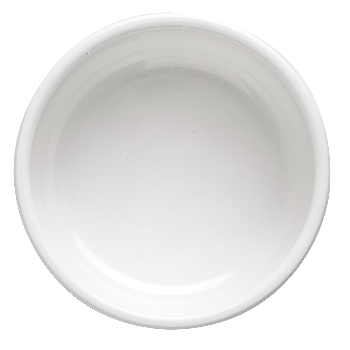 A plain, empty, round white ceramic bowl viewed from above, set against a white background. The bowl has smooth, slightly raised edges and a glossy finish—similar in simplicity to a TableCraft 10311W or dishwasher safe plate.