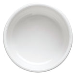 A plain, empty, round white ceramic bowl viewed from above, set against a white background. The bowl has smooth, slightly raised edges and a glossy finish—similar in simplicity to a TableCraft 10311W or dishwasher safe plate.