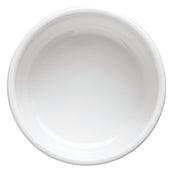 A plain, empty, round white ceramic bowl viewed from above, set against a white background. The bowl has smooth, slightly raised edges and a glossy finish—similar in simplicity to a TableCraft 10311W or dishwasher safe plate.