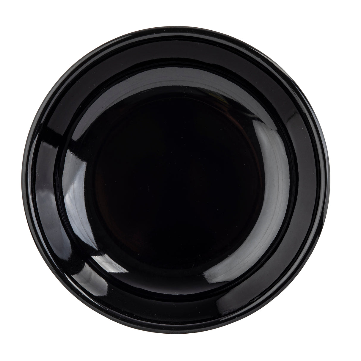 A round, glossy black dinner plate photographed from above against a white background. The plate features smooth edges and a simple, modern design. Perfect to pair with a black mini bowl or dishwasher safe bowl for a sleek table setting.