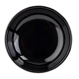A round, glossy black dinner plate photographed from above against a white background. The plate features smooth edges and a simple, modern design. Perfect to pair with a black mini bowl or dishwasher safe bowl for a sleek table setting.