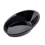 A shiny, black, oval-shaped TableCraft 10313BK ceramic dish with smooth sides and a slightly curved rim, photographed against a plain white background. The empty dish is angled to show its depth and glossy, dishwasher safe surface.