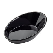 A shiny, black, oval-shaped TableCraft 10313BK ceramic dish with smooth sides and a slightly curved rim, photographed against a plain white background. The empty dish is angled to show its depth and glossy, dishwasher safe surface.