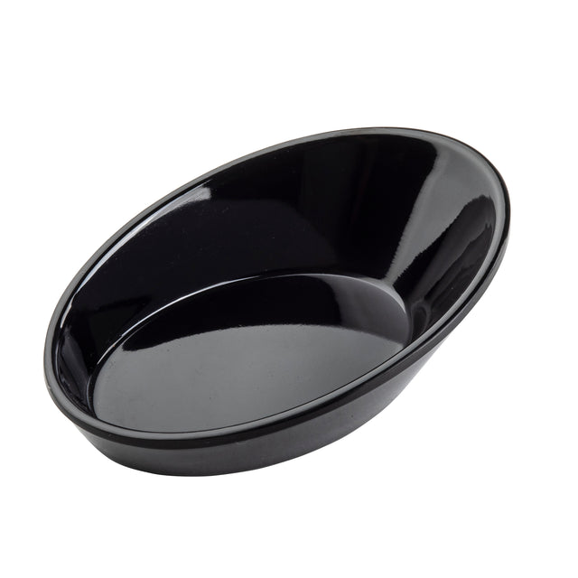 A shiny, black, oval-shaped TableCraft 10313BK ceramic dish with smooth sides and a slightly curved rim, photographed against a plain white background. The empty dish is angled to show its depth and glossy, dishwasher safe surface.