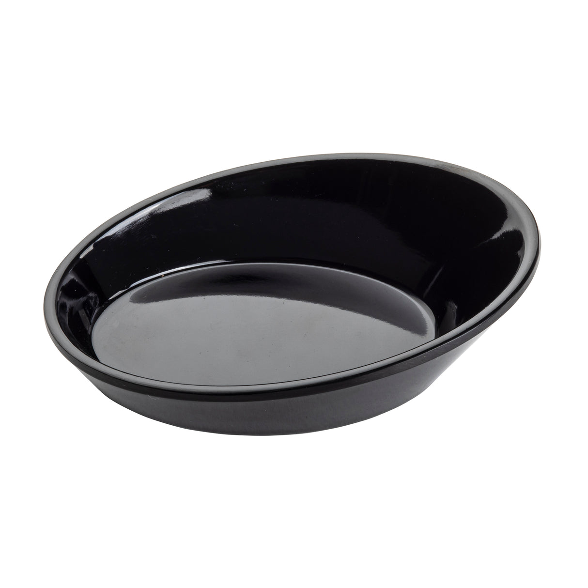 A glossy, black, oval-shaped TableCraft 10313BK mini melamine dish is shown on a white background. With slightly sloped sides and a smooth, reflective surface, this dishwasher safe dish is ideal for serving food or baking.