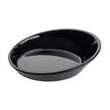 A glossy, black, oval-shaped TableCraft 10313BK mini melamine dish is shown on a white background. With slightly sloped sides and a smooth, reflective surface, this dishwasher safe dish is ideal for serving food or baking.