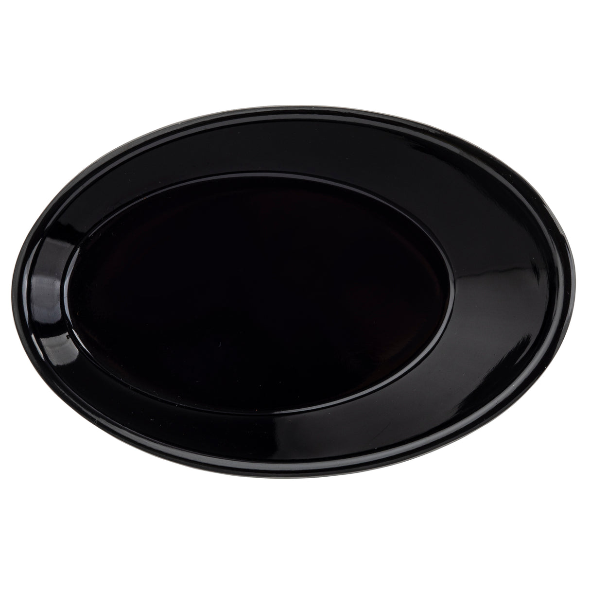 An empty, glossy, oval-shaped black plate—like the TableCraft 10313BK mini melamine dish—sits against a white background. Its smooth, dishwasher safe surface reflects light, highlighting the plate’s sleek finish and clean design.