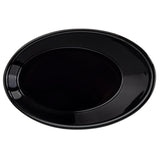 An empty, glossy, oval-shaped black plate—like the TableCraft 10313BK mini melamine dish—sits against a white background. Its smooth, dishwasher safe surface reflects light, highlighting the plate’s sleek finish and clean design.