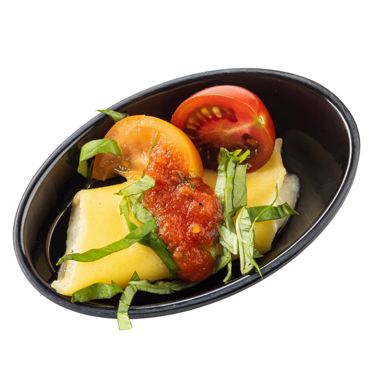 A TableCraft 10313BK mini melamine dish holds cheese-filled pasta topped with red tomato sauce, sliced yellow and red cherry tomatoes, and fresh basil strips. This dishwasher safe dish is set against a crisp white background.