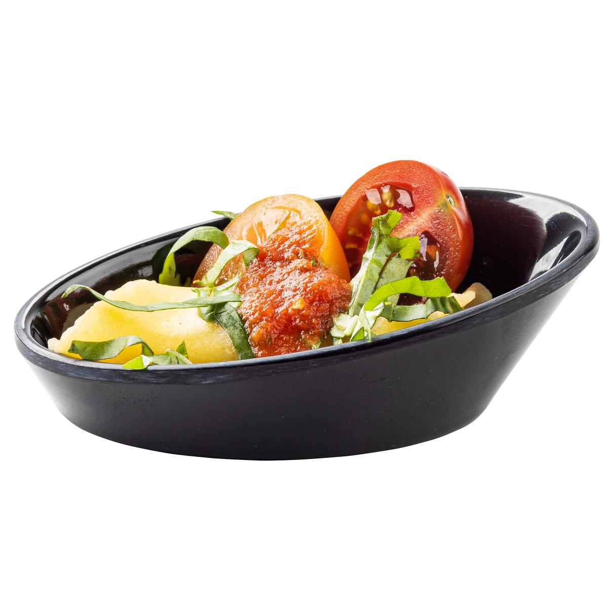 A black TableCraft 10313BK mini melamine dish containing ravioli topped with tomato sauce, sliced cherry tomatoes, and thinly sliced fresh basil. The neatly arranged food is presented on a dishwasher safe dish against a white background.