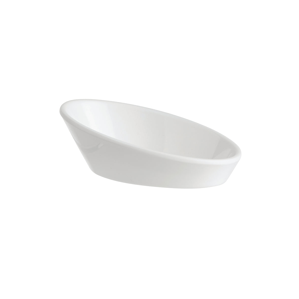 A small, white, oval-shaped mini bowl with a slightly tilted, slanted edge, placed on a plain white background. The dish appears empty and features a minimalist, modern design that is dishwasher safe.