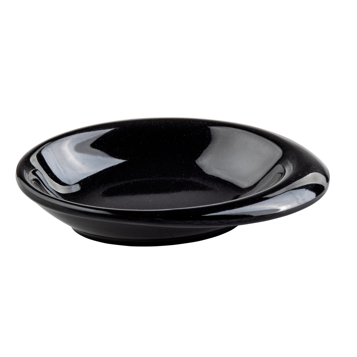 A black, shallow TableCraft 10314BK mini melamine bowl with a wide rim and glossy, reflective surface sits against a plain white background. The smooth, round plate is empty, slightly concave, and dishwasher safe for easy cleaning.