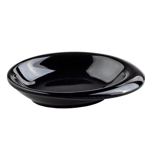 A black, shallow TableCraft 10314BK mini melamine bowl with a wide rim and glossy, reflective surface sits against a plain white background. The smooth, round plate is empty, slightly concave, and dishwasher safe for easy cleaning.