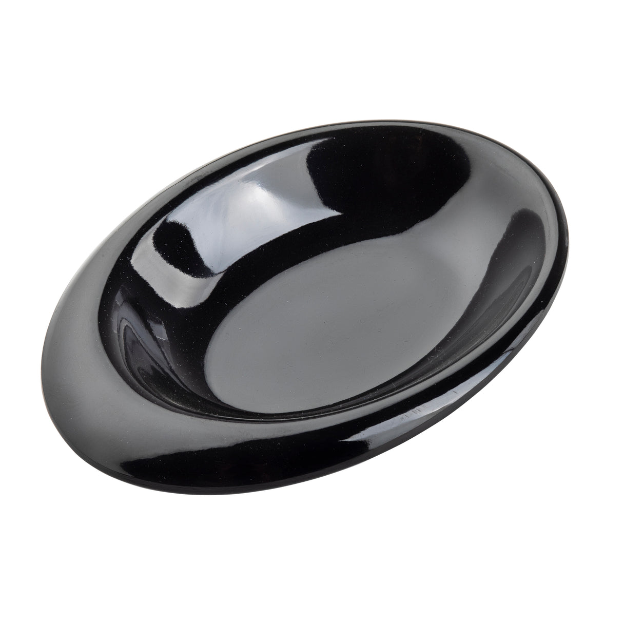 A glossy, black, oval-shaped mini melamine bowl with a wide rim and shallow center, photographed on a white background at an angle that highlights its smooth, reflective surface; this TableCraft 10314BK piece is dishwasher safe.