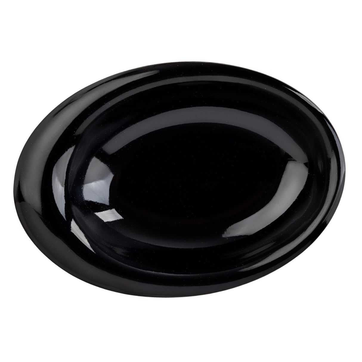 A smooth, shiny, black oval object—resembling a TableCraft 10314BK mini melamine bowl—rests against a white background. Reflections from light sources highlight its glossy, dishwasher safe finish and elegant curved shape.