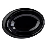 A smooth, shiny, black oval object—resembling a TableCraft 10314BK mini melamine bowl—rests against a white background. Reflections from light sources highlight its glossy, dishwasher safe finish and elegant curved shape.