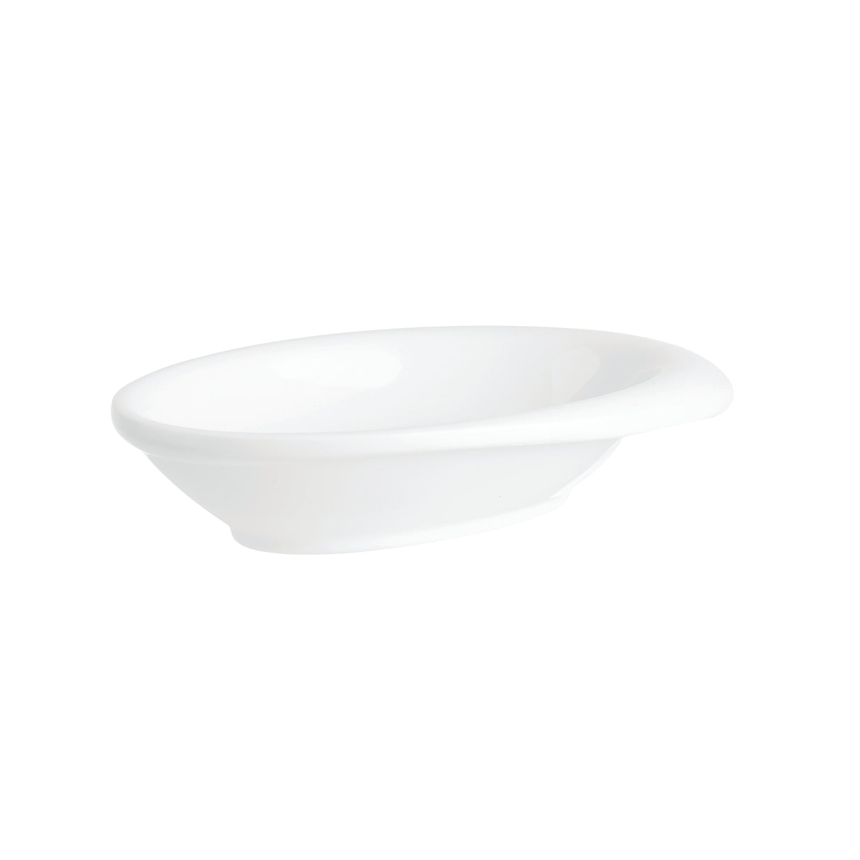 A plain white, oval-shaped ceramic soap dish with smooth, slightly raised edges, photographed on a white background. Reminiscent of the simplicity of a TableCraft 10314W mini melamine bowl, this soap dish features a glossy, unadorned surface.