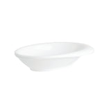 A plain white, oval-shaped ceramic soap dish with smooth, slightly raised edges, photographed on a white background. Reminiscent of the simplicity of a TableCraft 10314W mini melamine bowl, this soap dish features a glossy, unadorned surface.