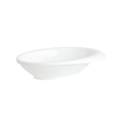 A plain white, oval-shaped ceramic soap dish with smooth, slightly raised edges, photographed on a white background. Reminiscent of the simplicity of a TableCraft 10314W mini melamine bowl, this soap dish features a glossy, unadorned surface.
