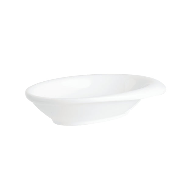 A plain white, oval-shaped ceramic soap dish with smooth, slightly raised edges, photographed on a white background. Reminiscent of the simplicity of a TableCraft 10314W mini melamine bowl, this soap dish features a glossy, unadorned surface.