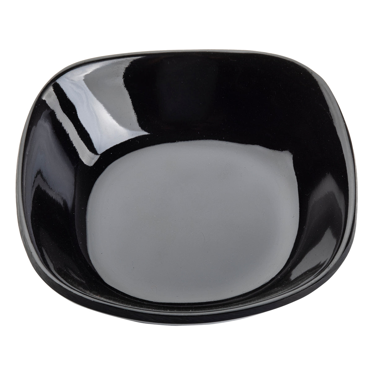 A shiny, square-shaped black mini melamine bowl with rounded edges is shown on a white background. The bowl is empty, and light reflections highlight its smooth, glossy, and dishwasher safe surface.