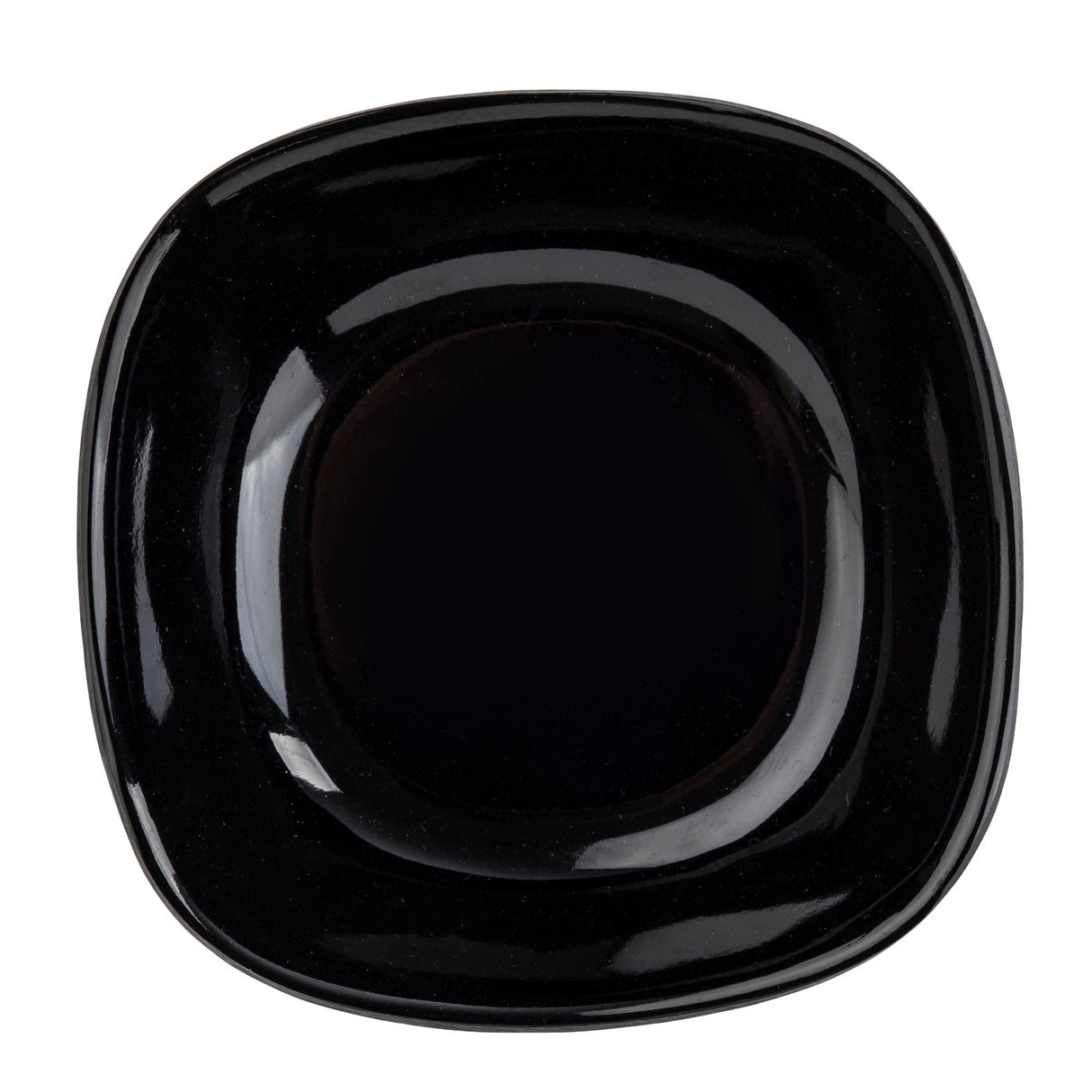 A square-shaped, glossy black TableCraft 10315BK plate with rounded edges, viewed from above on a white background. The plate features a slightly recessed center, smooth reflective surfaces, and is dishwasher safe for easy cleaning.