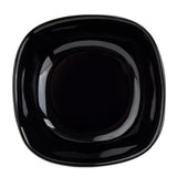 A square-shaped, glossy black TableCraft 10315BK plate with rounded edges, viewed from above on a white background. The plate features a slightly recessed center, smooth reflective surfaces, and is dishwasher safe for easy cleaning.