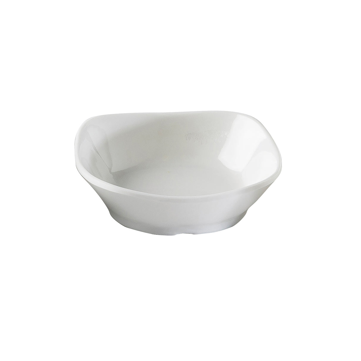 A plain, white, square-shaped mini melamine bowl with gently curved sides and rounded corners. The TableCraft 10315W is empty and sits on a white background, highlighting its smooth, glossy surface and modern, dishwasher safe design.