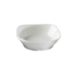A plain, white, square-shaped mini melamine bowl with gently curved sides and rounded corners. The TableCraft 10315W is empty and sits on a white background, highlighting its smooth, glossy surface and modern, dishwasher safe design.