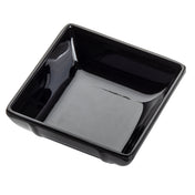 A small, glossy black square bowl with slightly angled sides and rounded corners, viewed from above at a slight angle. This mini melamine bowl is empty and set against a white background.
