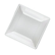 A square, shallow white ceramic dish, reminiscent of a mini melamine bowl, is shown at a slight angle on a plain background. Its smooth, glossy surfaces and gently rounded edges give it a clean and minimalist appearance. Dishwasher safe for easy care.