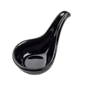 A glossy black melamine soup spoon with a deep, rounded bowl and an elongated handle. Angled slightly to the right, its smooth, shiny surface reflects light. The background is plain white and the spoon is dishwasher safe.