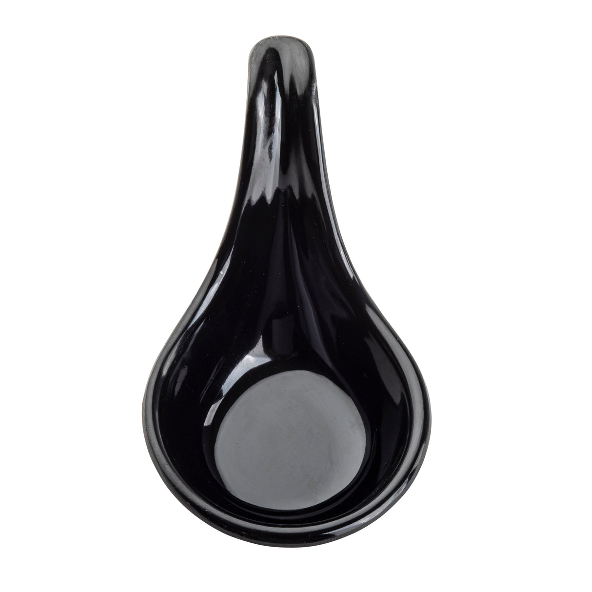 A glossy black melamine spoon rest with a teardrop shape and a small lip at the top, photographed on a white background from above. The surface is smooth and reflective, highlighting its modern look and dishwasher safe convenience.